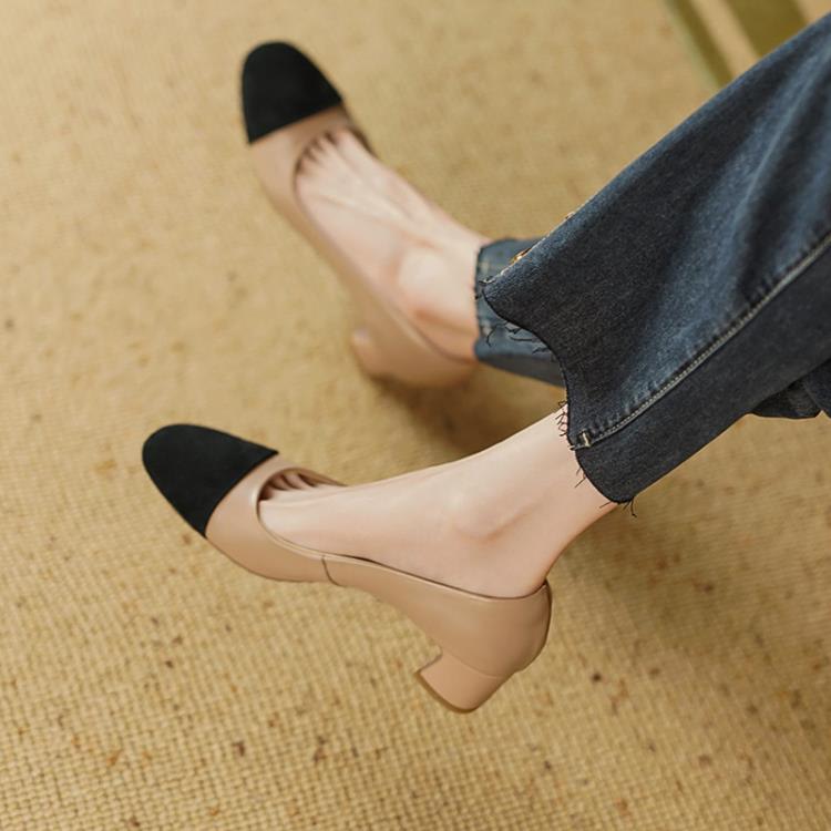 中跟鞋 頭層牛皮2023年春秋季圓頭粗跟單鞋女鞋拼色高跟鞋米白色杏色-細節圖3