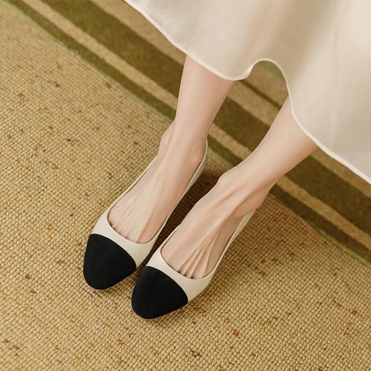 中跟鞋 頭層牛皮2023年春秋季圓頭粗跟單鞋女鞋拼色高跟鞋米白色杏色-細節圖4