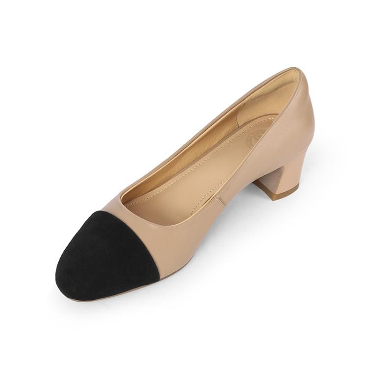 中跟鞋 頭層牛皮2023年春秋季圓頭粗跟單鞋女鞋拼色高跟鞋米白色杏色-細節圖5