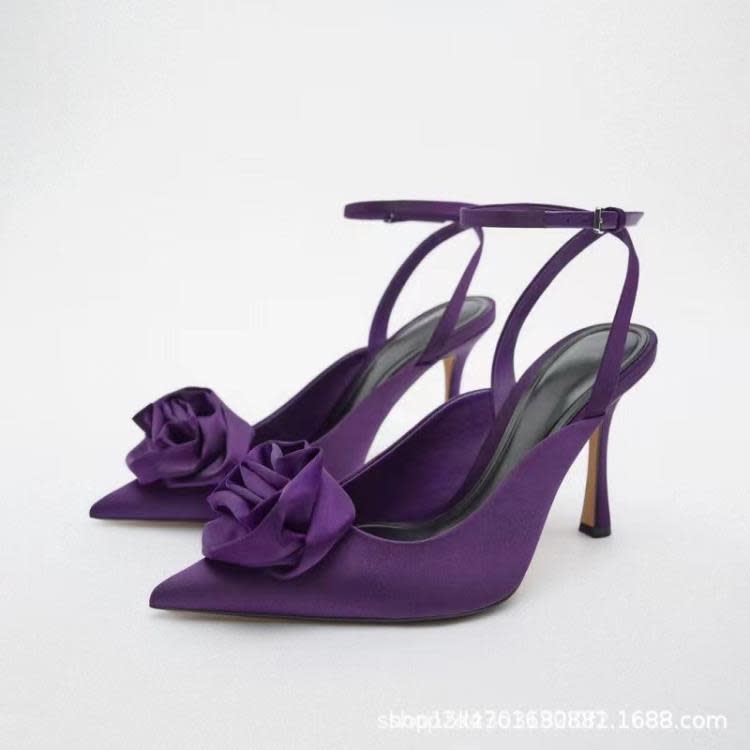 高跟鞋 ZA2023夏季新品尖頭鞋紫色花朵裝飾后綁帶舒適細跟單鞋女-細節圖4