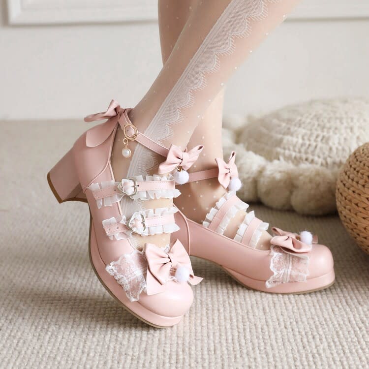 2023春新款洛麗塔女鞋蝴蝶結荷葉邊單鞋厚底粗跟中跟30-48大小碼-細節圖4