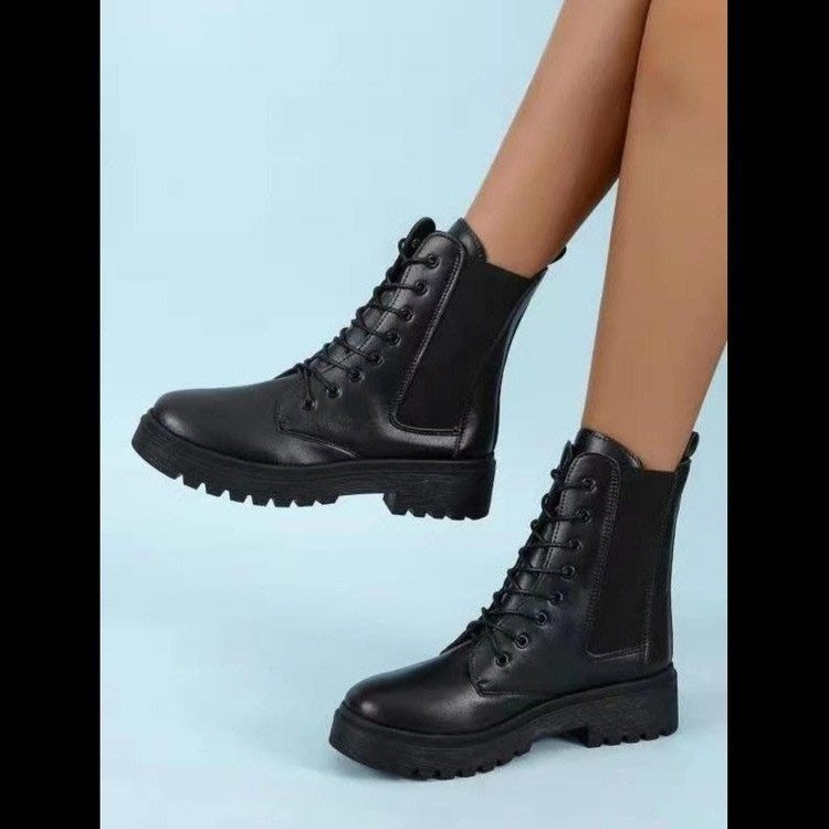 厚底鞋 馬丁靴女2023年夏季新款正韓時尚英倫風薄款ins系帶單短靴-細節圖3
