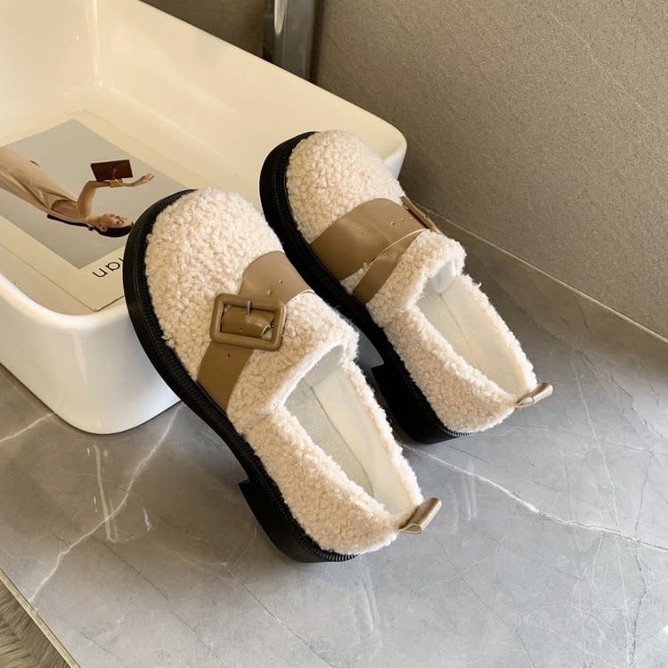 厚底鞋 毛毛鞋女外穿2023秋冬新款時尚皮帶扣羊羔毛防滑保暖棉鞋-細節圖4