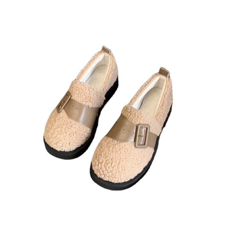 厚底鞋 毛毛鞋女外穿2023秋冬新款時尚皮帶扣羊羔毛防滑保暖棉鞋-細節圖5