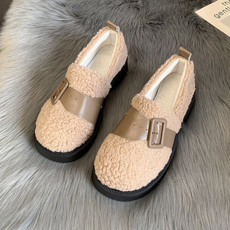 厚底鞋 毛毛鞋女外穿2023秋冬新款時尚皮帶扣羊羔毛防滑保暖棉鞋-細節圖6