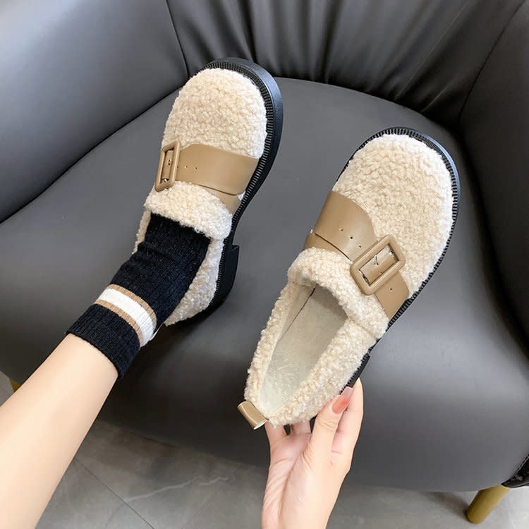 厚底鞋 毛毛鞋女外穿2023秋冬新款時尚皮帶扣羊羔毛防滑保暖棉鞋-細節圖7