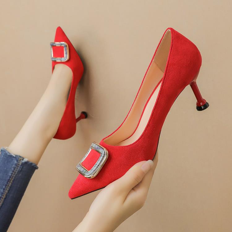 9333-015韓（售完不補）淺口跟鞋網紅細跟方扣女單鞋性感顯瘦女鞋-細節圖3