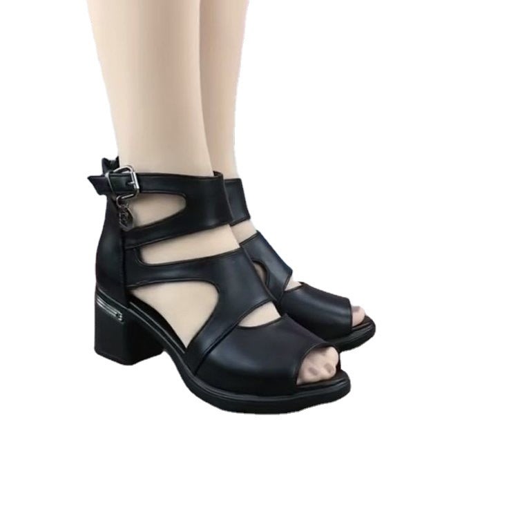 高跟鞋 復古羅馬涼鞋2023春秋款鏤空魚嘴粗跟防水臺鞋純色簡約涼鞋女-細節圖5