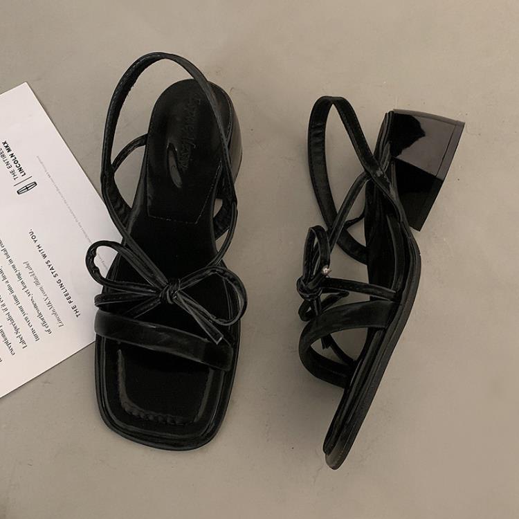 高級感仙女風法式粗跟涼鞋女2023年新款夏季黑色百搭沙灘羅馬鞋子-細節圖6