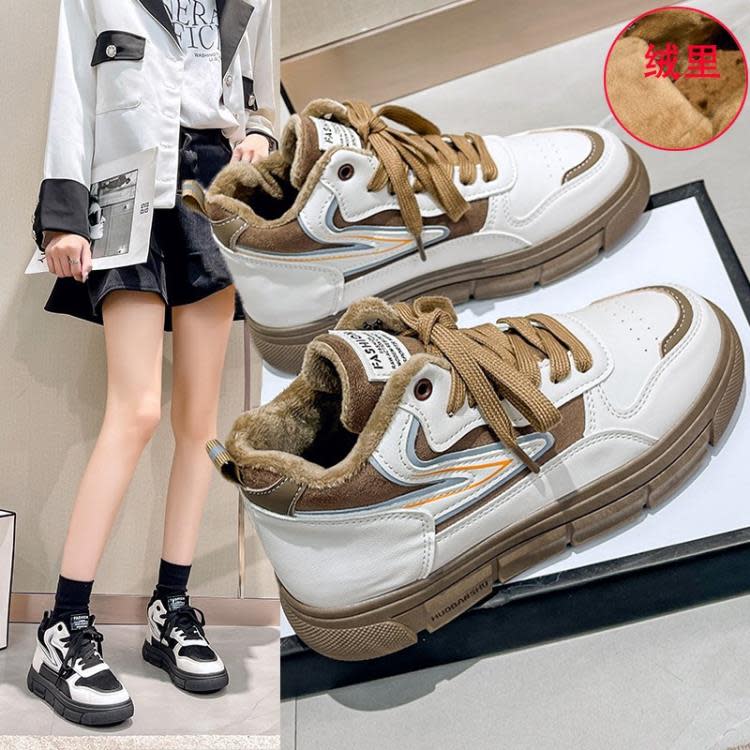 2023冬季新款女棉鞋拼色系帶平底加絨保暖運動鞋女休閒學生板鞋女-細節圖3