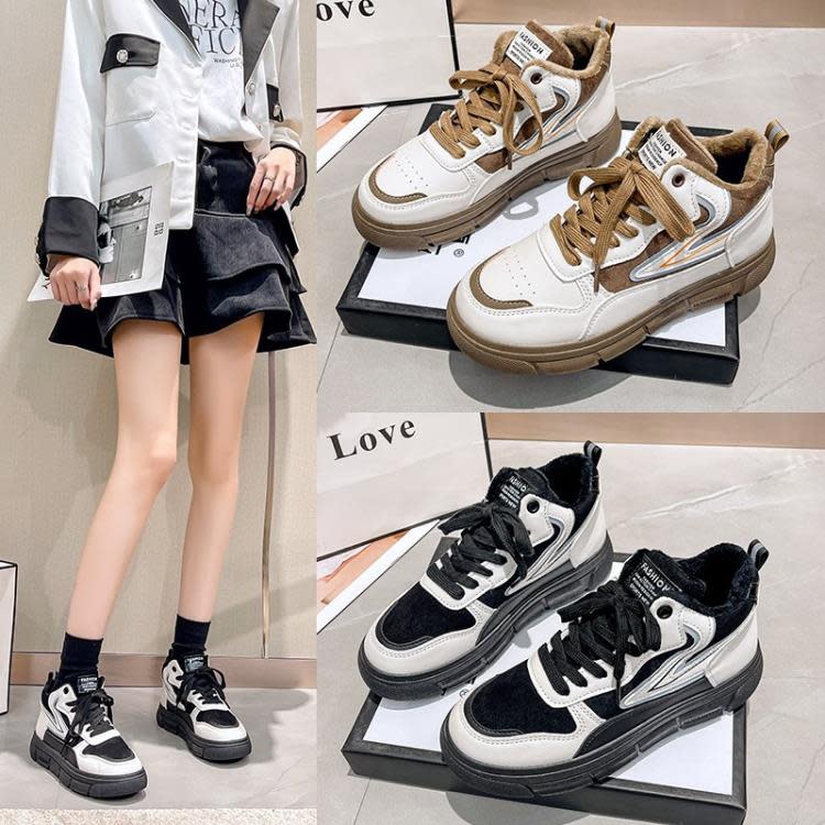 2023冬季新款女棉鞋拼色系帶平底加絨保暖運動鞋女休閒學生板鞋女-細節圖4