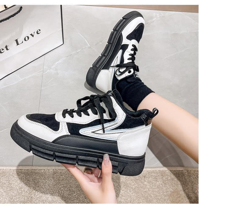 2023冬季新款女棉鞋拼色系帶平底加絨保暖運動鞋女休閒學生板鞋女-細節圖7