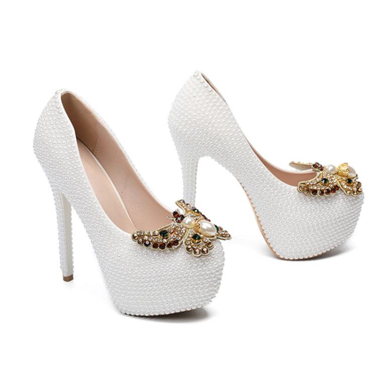 高跟鞋 2023新款現貨女鞋細鞋珍珠蝴蝶結大碼防水臺鞋伴娘鞋-細節圖4