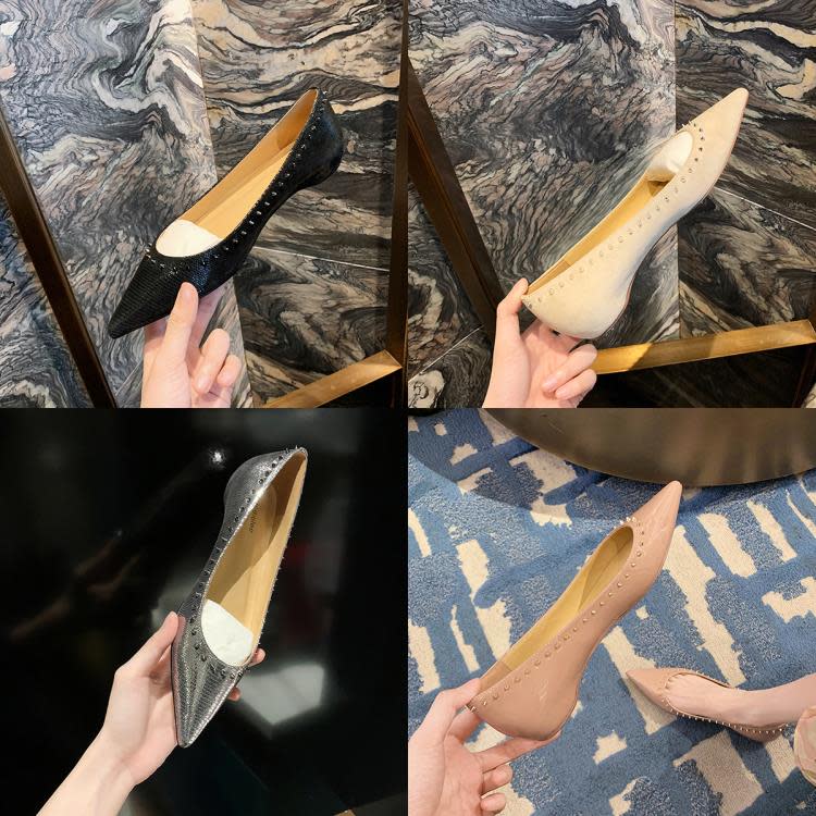 平底鞋 葡萄媽studiolee 淺口尖頭真皮純色百搭小鉚釘扣單鞋女夏季-細節圖5