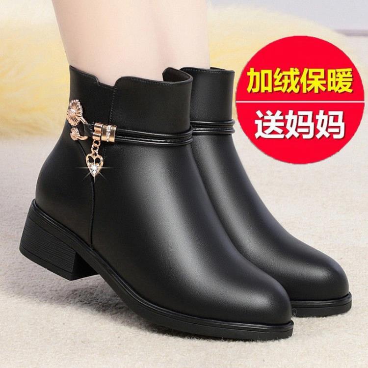 短靴 軟皮媽媽棉鞋秋冬季加絨女中年保暖低跟粗跟水鉆雪地靴批髮-細節圖4