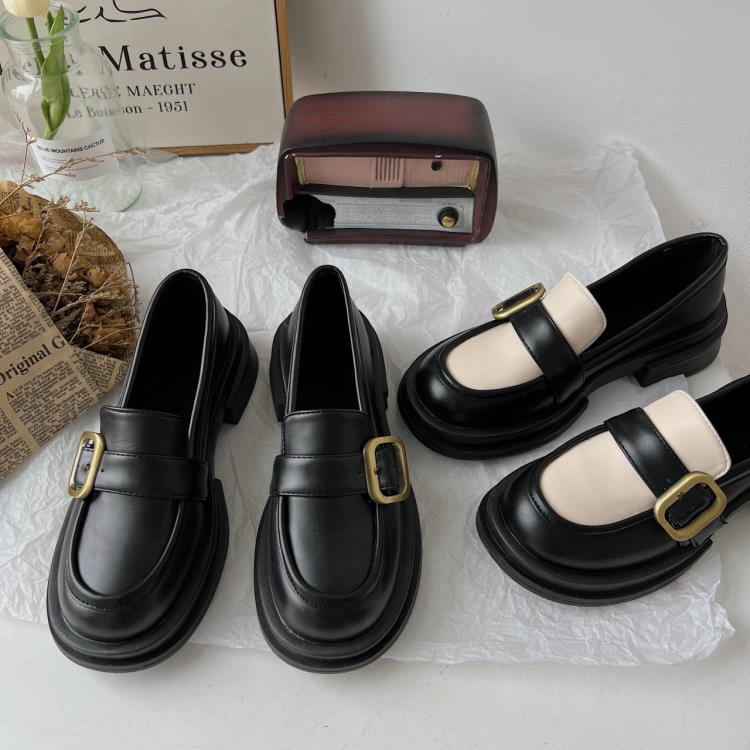 樂福鞋 2023年春秋季新款一腳蹬厚底小皮鞋日系復古簡約金屬扣單鞋鞋-細節圖2