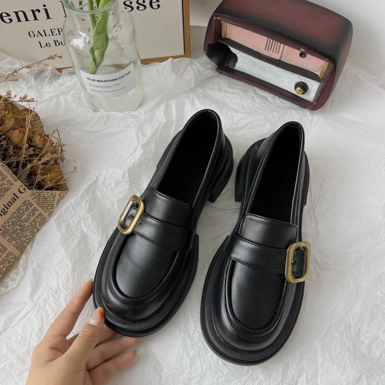 樂福鞋 2023年春秋季新款一腳蹬厚底小皮鞋日系復古簡約金屬扣單鞋鞋-細節圖3