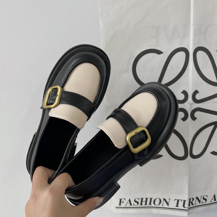 樂福鞋 2023年春秋季新款一腳蹬厚底小皮鞋日系復古簡約金屬扣單鞋鞋-細節圖4