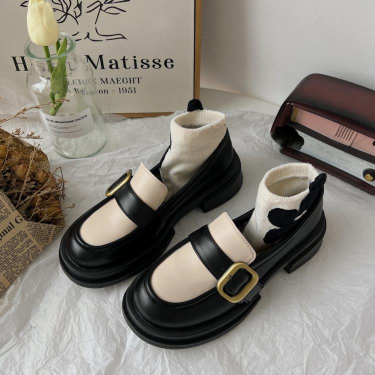 樂福鞋 2023年春秋季新款一腳蹬厚底小皮鞋日系復古簡約金屬扣單鞋鞋-細節圖6
