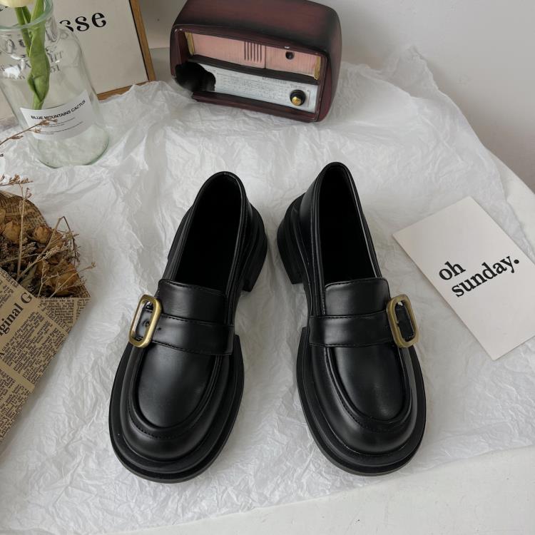 樂福鞋 2023年春秋季新款一腳蹬厚底小皮鞋日系復古簡約金屬扣單鞋鞋-細節圖7