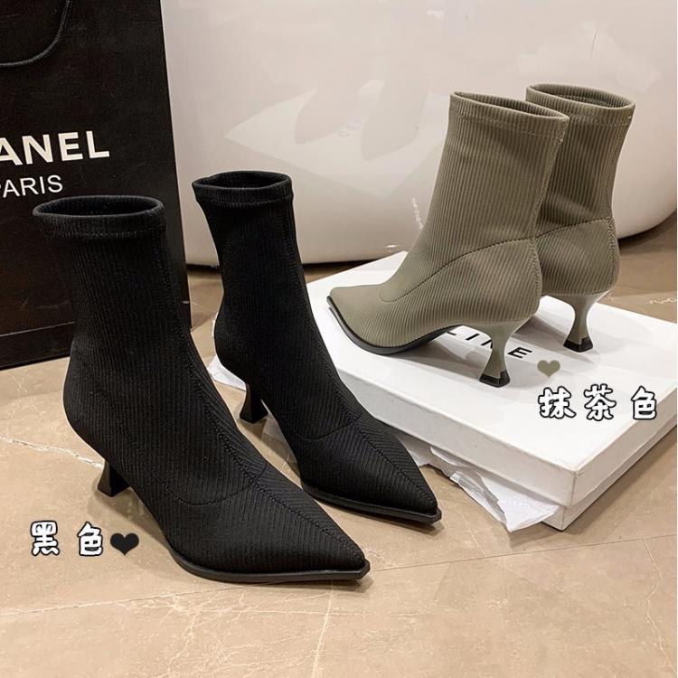 氣質尖頭彈力靴女2023秋冬新款歐美風細高跟優雅性感時裝靴短靴女-細節圖3