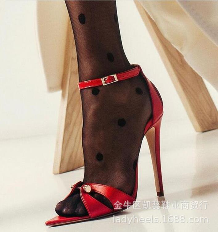 高跟鞋 跨境時裝涼鞋 尖頭紅色綁帶超外貿走秀鞋sandals women-細節圖5