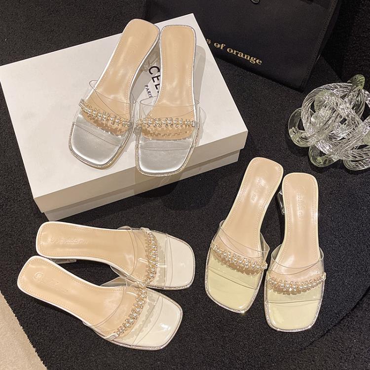 高跟鞋 鞋粗跟涼拖半拖外穿露趾夏季2023新款正韓一字帶透明涼鞋女鞋-細節圖4