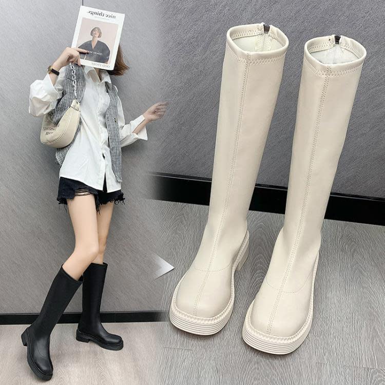 長靴 女2023新款圓頭粗跟后拉鍊騎士靴網紅大碼彈力瘦瘦靴一件代髮-細節圖3