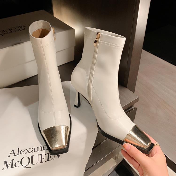 短靴 新款拼色2023秋季新歐美女靴瘦瘦彈力靴方頭細跟時裝靴馬丁靴-細節圖2