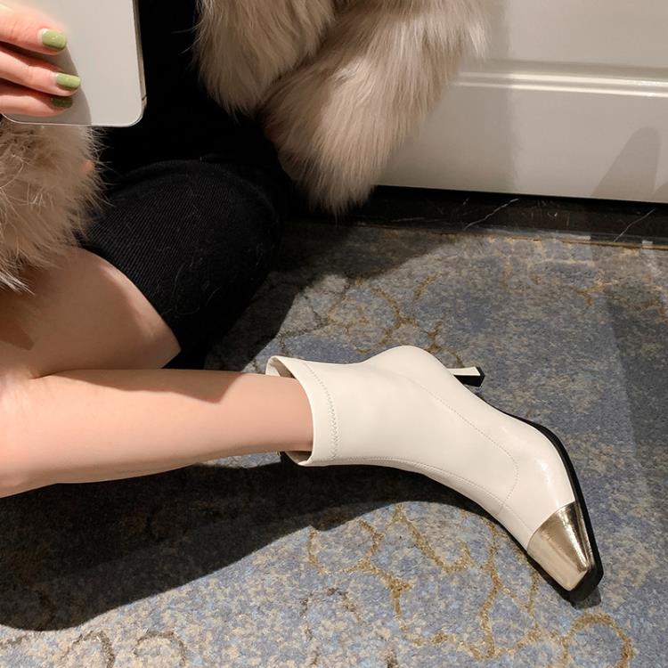 短靴 新款拼色2023秋季新歐美女靴瘦瘦彈力靴方頭細跟時裝靴馬丁靴-細節圖3