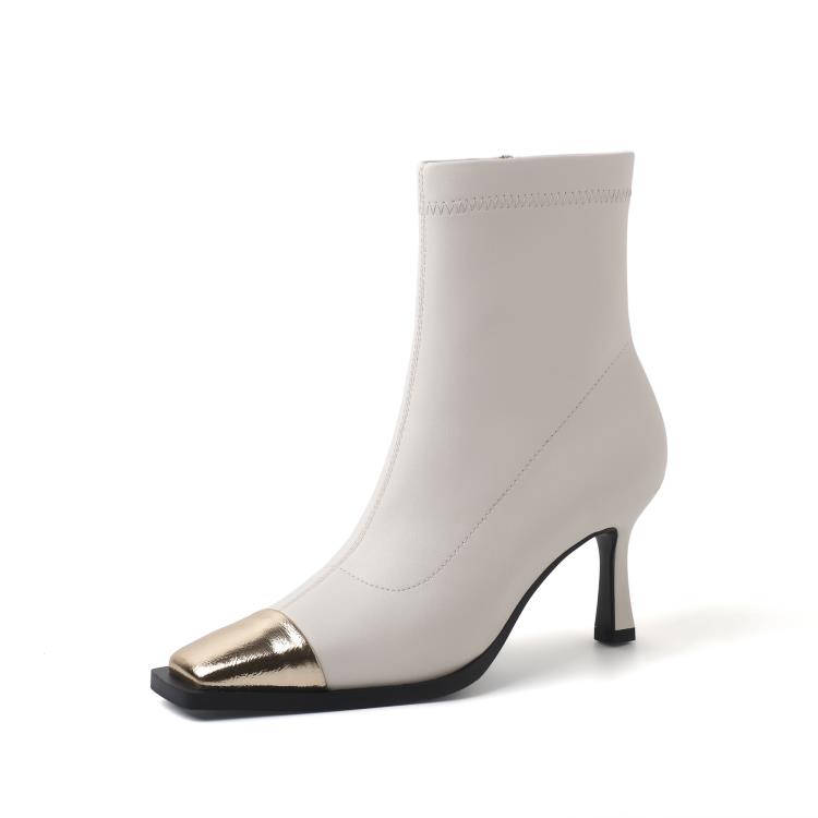 短靴 新款拼色2023秋季新歐美女靴瘦瘦彈力靴方頭細跟時裝靴馬丁靴-細節圖5