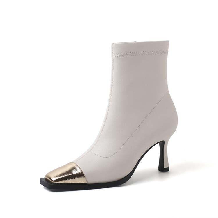 短靴 新款拼色2023秋季新歐美女靴瘦瘦彈力靴方頭細跟時裝靴馬丁靴-細節圖6