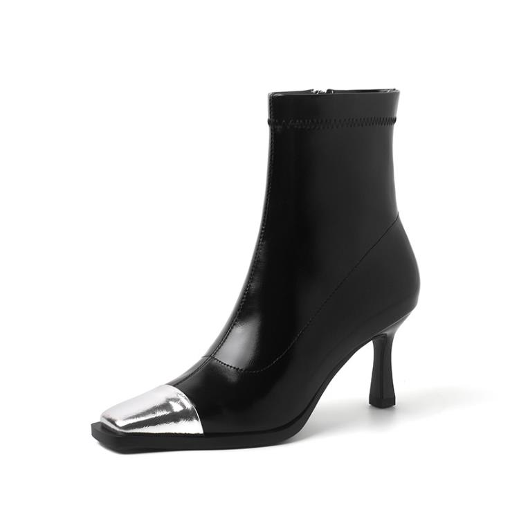 短靴 新款拼色2023秋季新歐美女靴瘦瘦彈力靴方頭細跟時裝靴馬丁靴-細節圖7