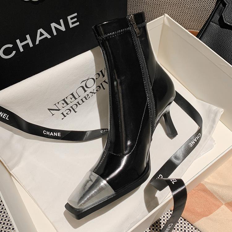 短靴 新款拼色2023秋季新歐美女靴瘦瘦彈力靴方頭細跟時裝靴馬丁靴-細節圖8