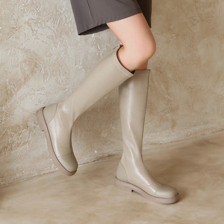 長靴 2023年秋冬季圓頭彈力靴低跟騎士靴后拉鍊高筒靴灰色米白色-細節圖9