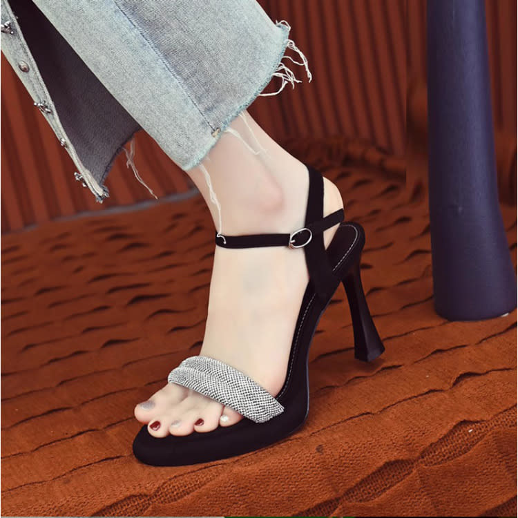 圓頭高跟涼鞋法式性感女涼鞋夏季新款鑲鉆一字扣露趾細跟涼鞋女鞋-細節圖2