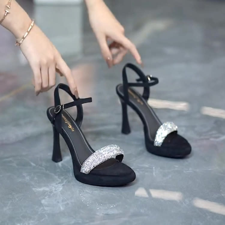 圓頭高跟涼鞋法式性感女涼鞋夏季新款鑲鉆一字扣露趾細跟涼鞋女鞋-細節圖3