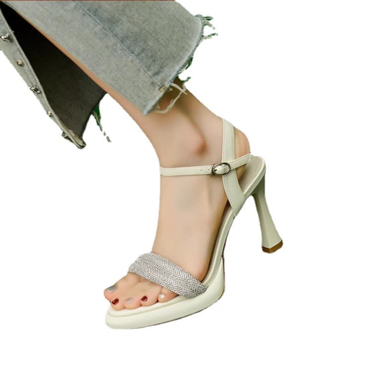 圓頭高跟涼鞋法式性感女涼鞋夏季新款鑲鉆一字扣露趾細跟涼鞋女鞋-細節圖5