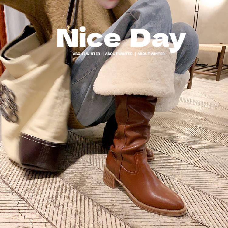 長靴 雪地靴女2023冬季新款粗跟中跟棉靴毛毛加厚保暖過膝-細節圖5