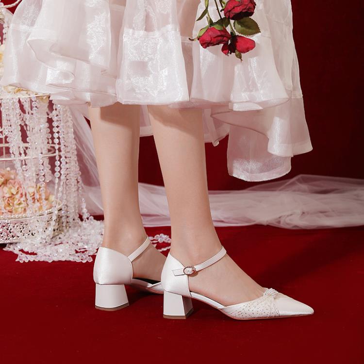 高跟鞋 媚愛婚鞋主婚紗緞面鞋女中空粗跟法式新娘鞋一字扣單鞋-細節圖3