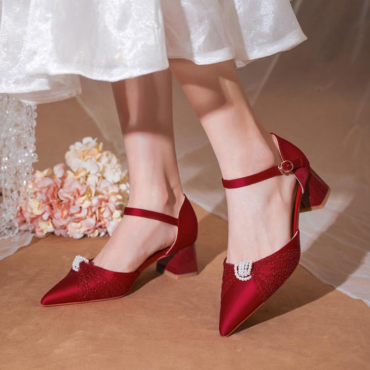 高跟鞋 媚愛婚鞋主婚紗緞面鞋女中空粗跟法式新娘鞋一字扣單鞋-細節圖4
