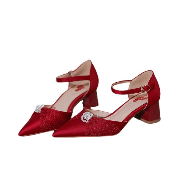 高跟鞋 媚愛婚鞋主婚紗緞面鞋女中空粗跟法式新娘鞋一字扣單鞋-細節圖5