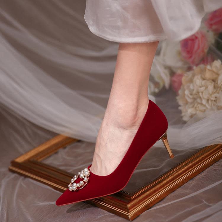 高跟鞋 媚愛婚鞋秀禾服婚鞋2023年新款古風大紅色鞋女水鉆珍珠紅鞋-細節圖2