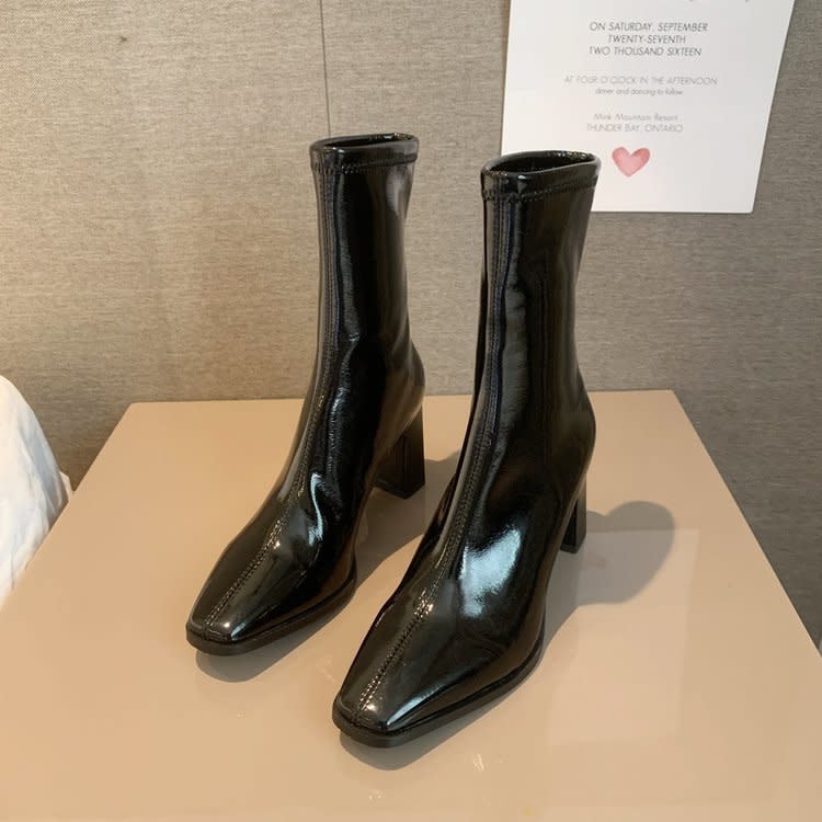 2023秋冬新款歐美高跟短靴女粗跟套腳亮皮女靴氣質中筒馬丁靴-細節圖5