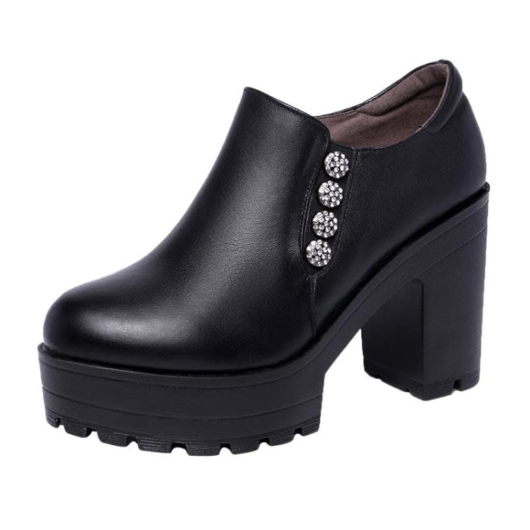 2023秋冬粗跟高跟防水臺松糕厚底大碼深口圓頭單鞋女加絨黑色皮鞋-細節圖5