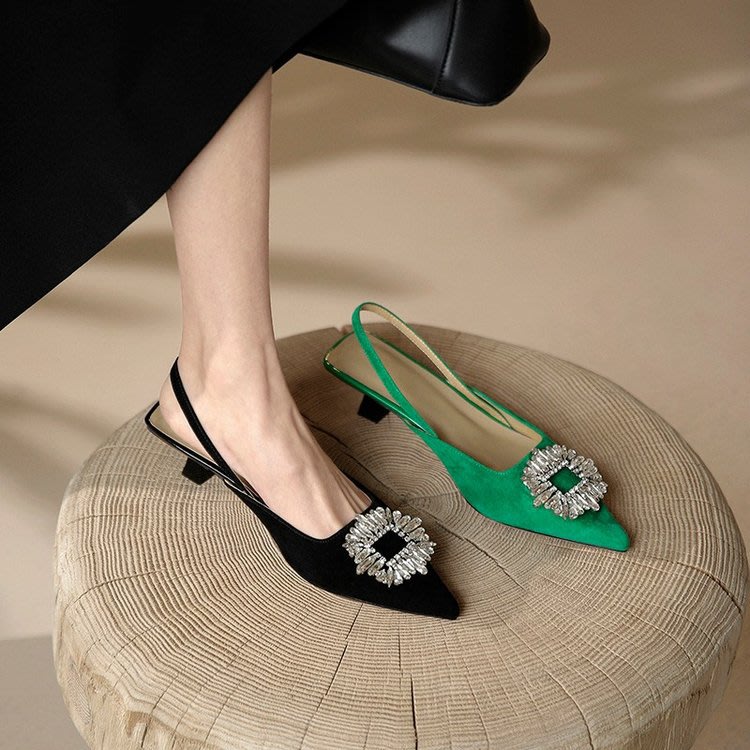中跟鞋 簡約氣質超閃水鉆方扣羊反絨包頭后空涼鞋2023夏季新款尖頭鞋-細節圖2