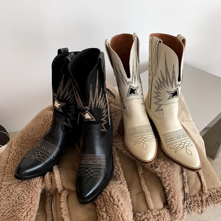 中筒靴 牛皮2023秋冬季新款刺繡復古西部靴騎士靴粗跟尖頭皮靴-細節圖2