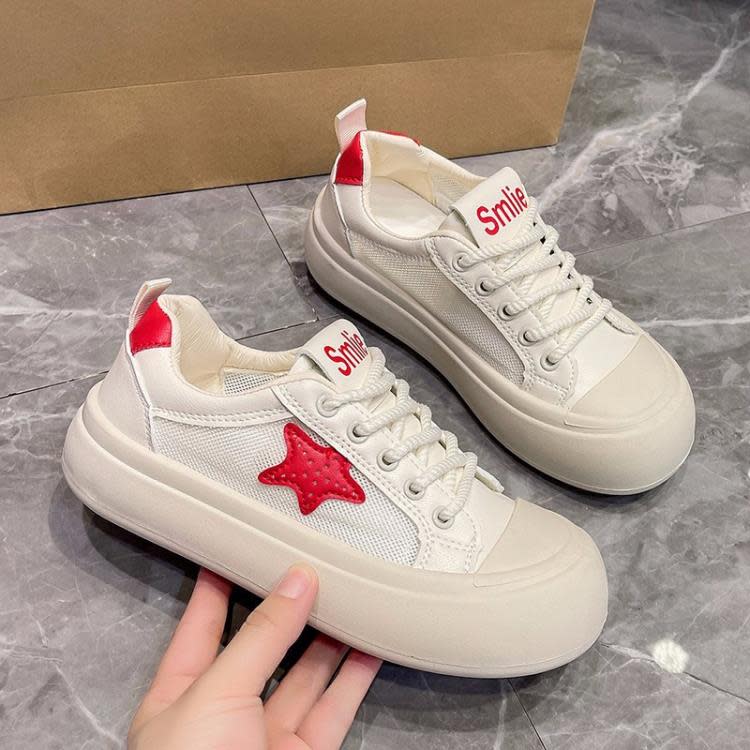 厚底鞋 丑萌網面透氣星星小白鞋女2023夏季新款小眾百搭平底休閒板鞋-細節圖2