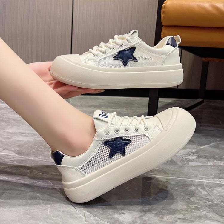 厚底鞋 丑萌網面透氣星星小白鞋女2023夏季新款小眾百搭平底休閒板鞋-細節圖3