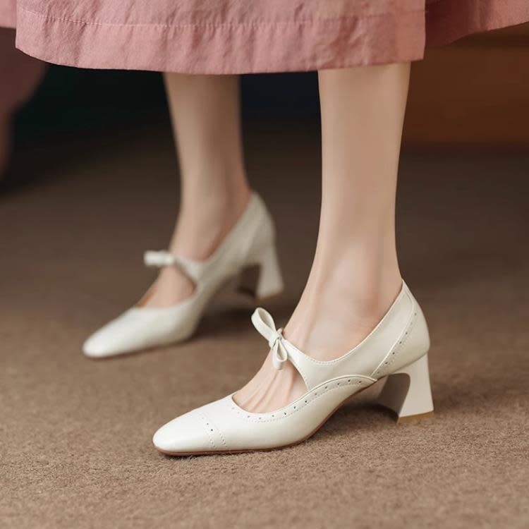 高跟鞋 法式復古瑪麗珍鞋女2023夏新款時尚正韓方頭淺口粗跟蝴蝶結鞋-細節圖3
